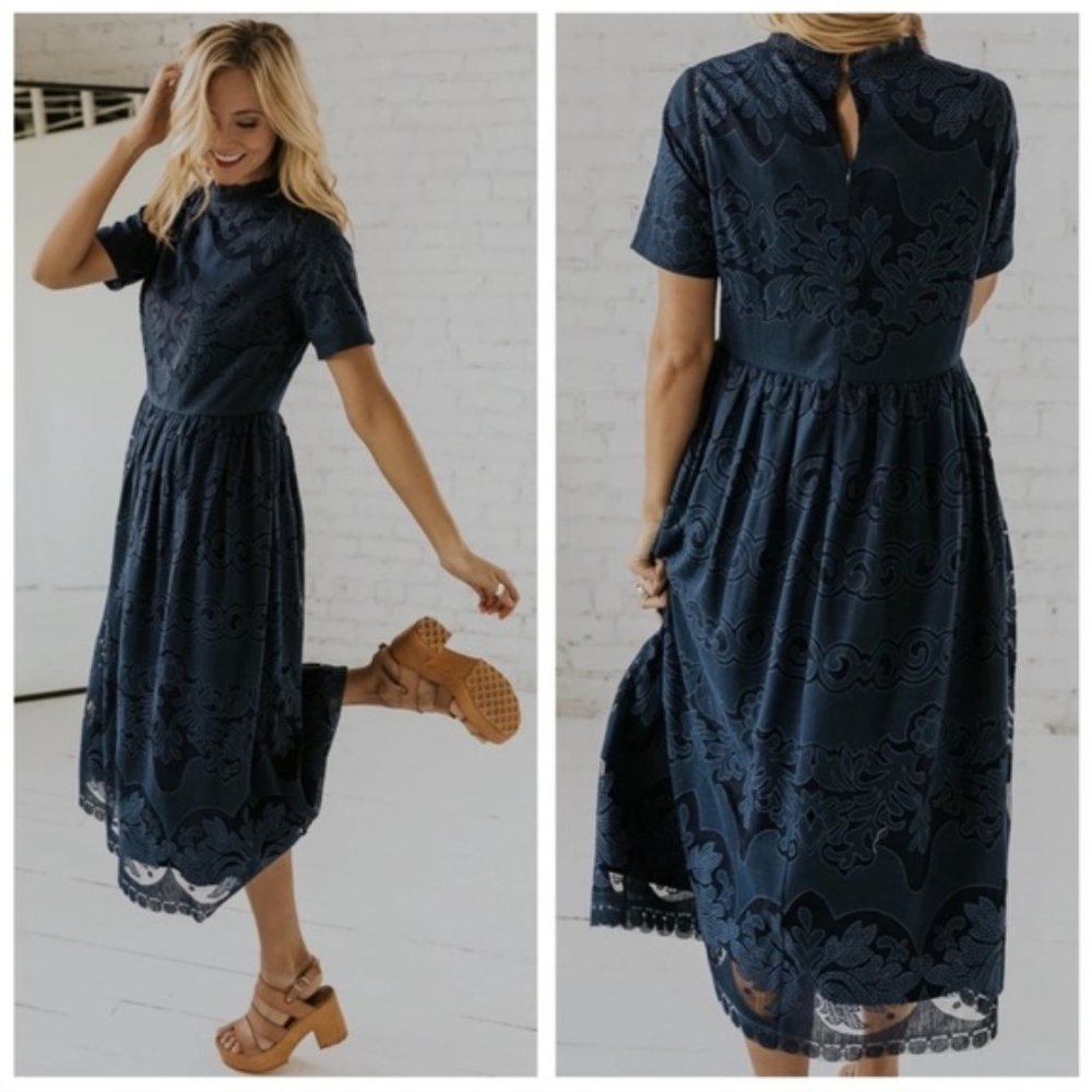 Roolee Blue Lace Overlay Midi Dress XS